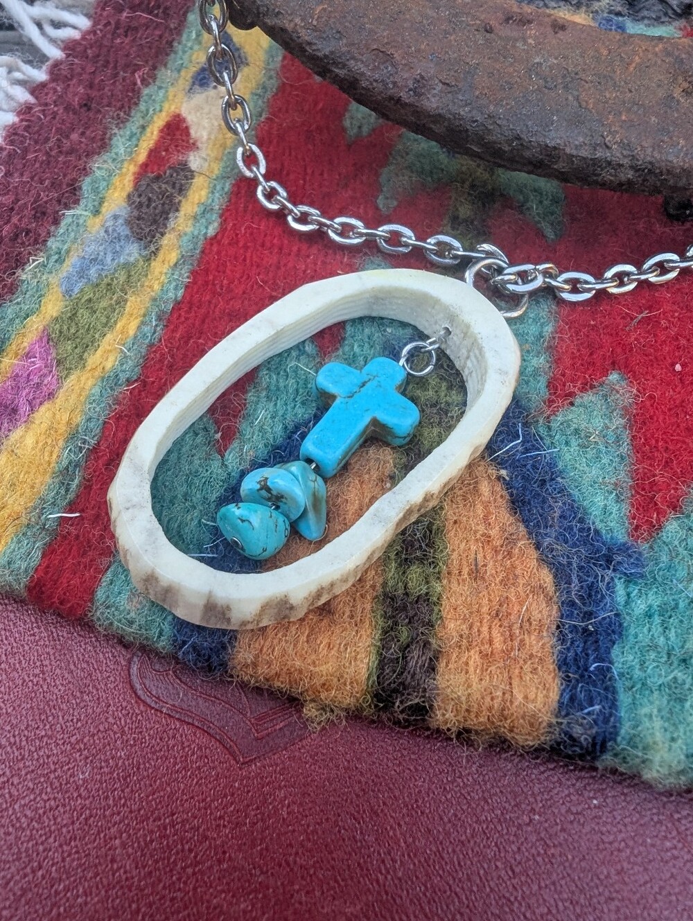Turquoise Blue Cross Pendant Necklace with Natural Bone Frame - Women Jewelry